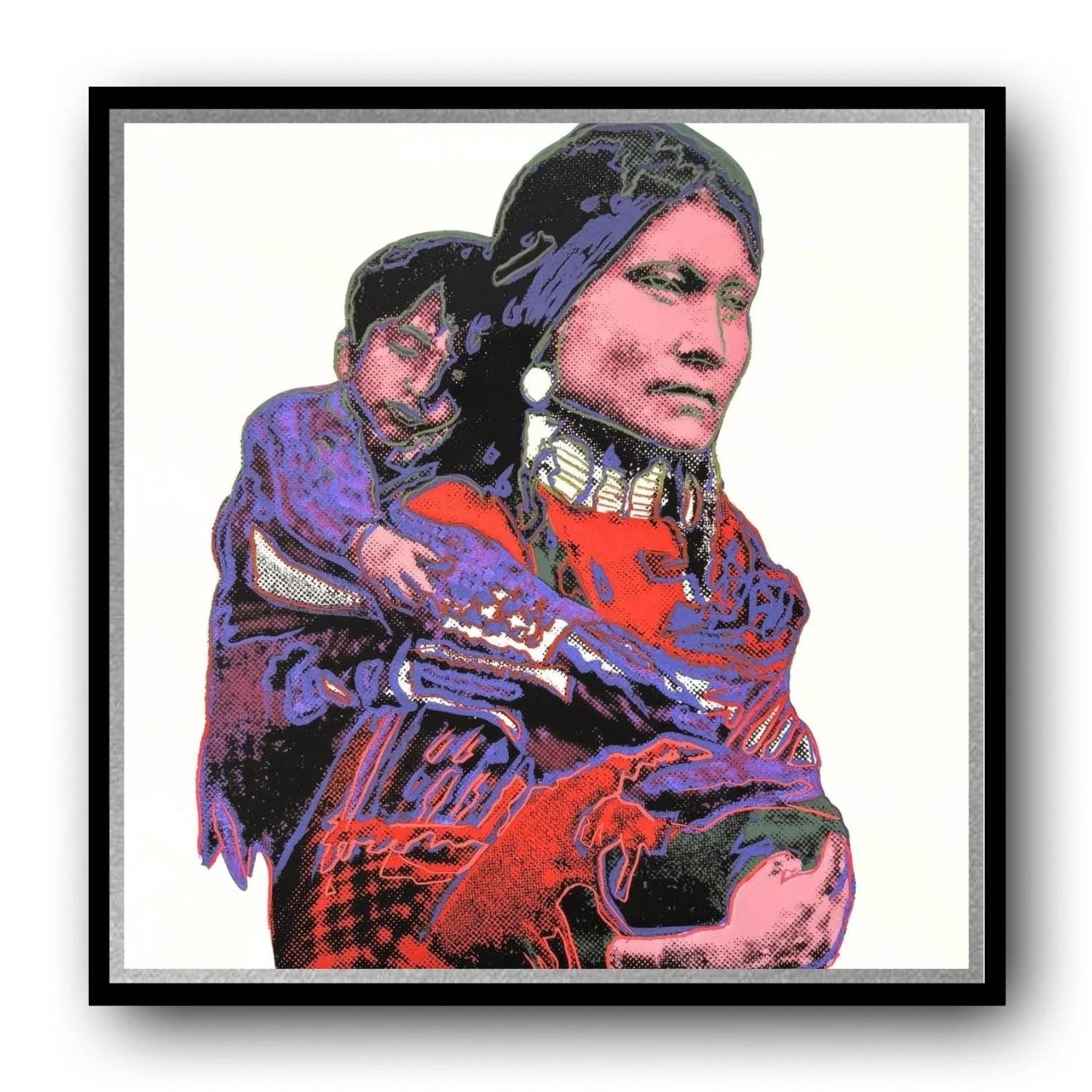 Framed artwork of a stylized portrait of a native american mother and child with vibrant colors on a white background